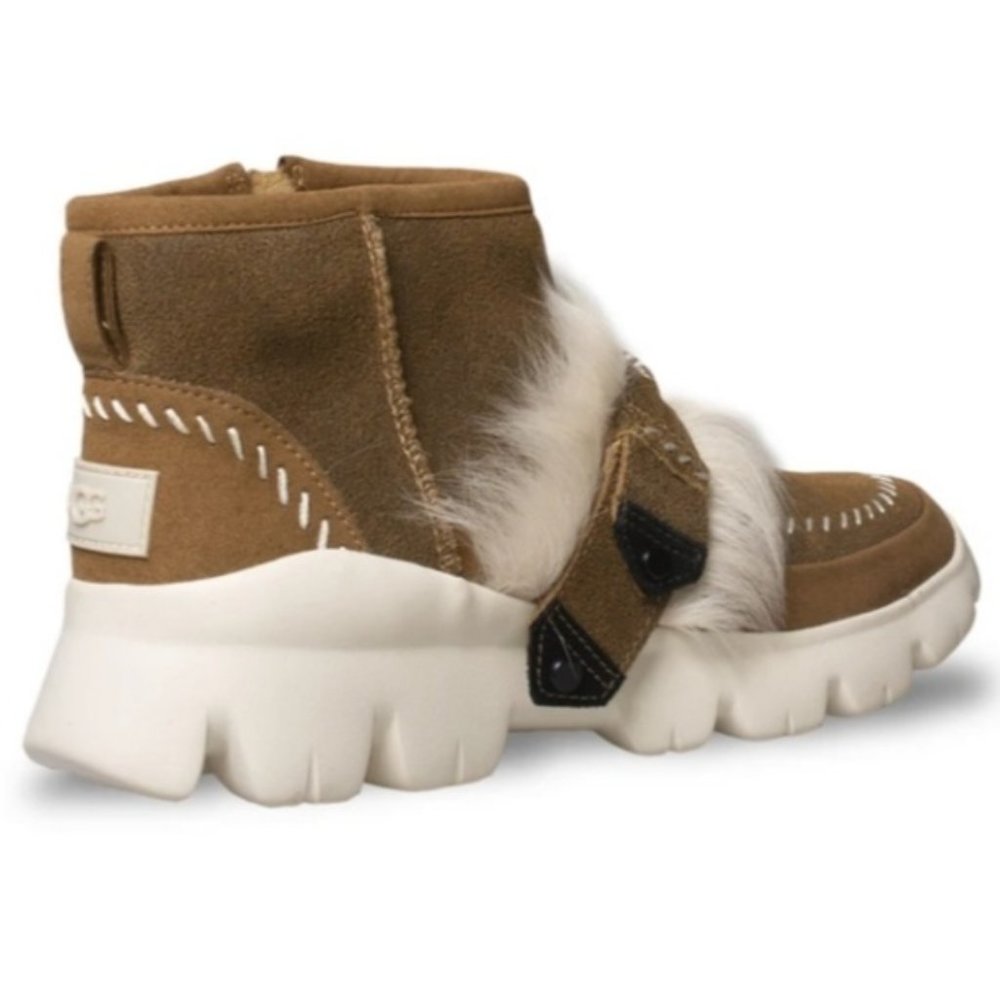 UGG Fluff Punk Faux Fur Ankle Boots Chestnut Sheepskin & Suede Booties Size 7 - Picture 3 of 16